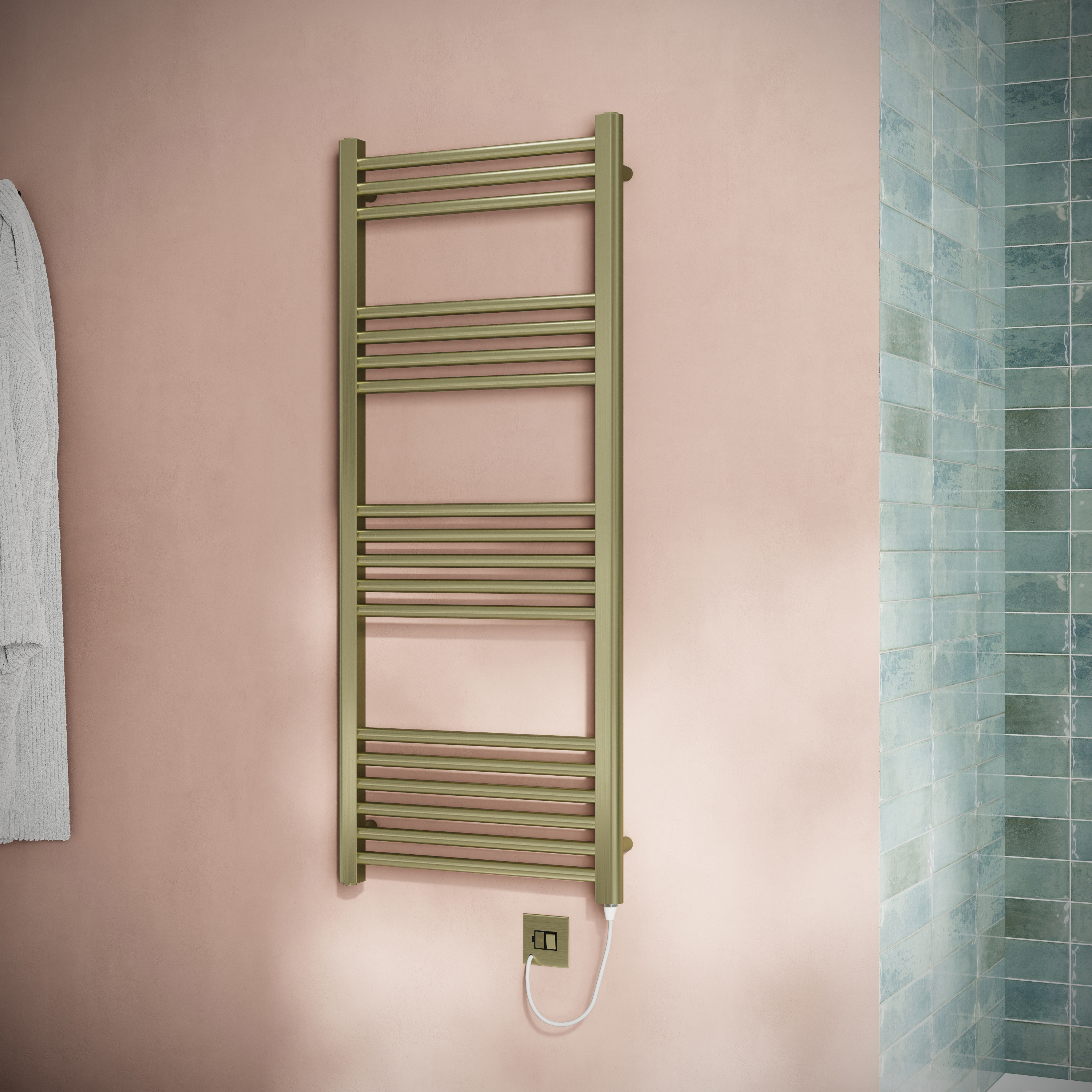 Toasty Glow Brushed Brass 22mm Electric Heated Ladder Towel Rail with Heating Element