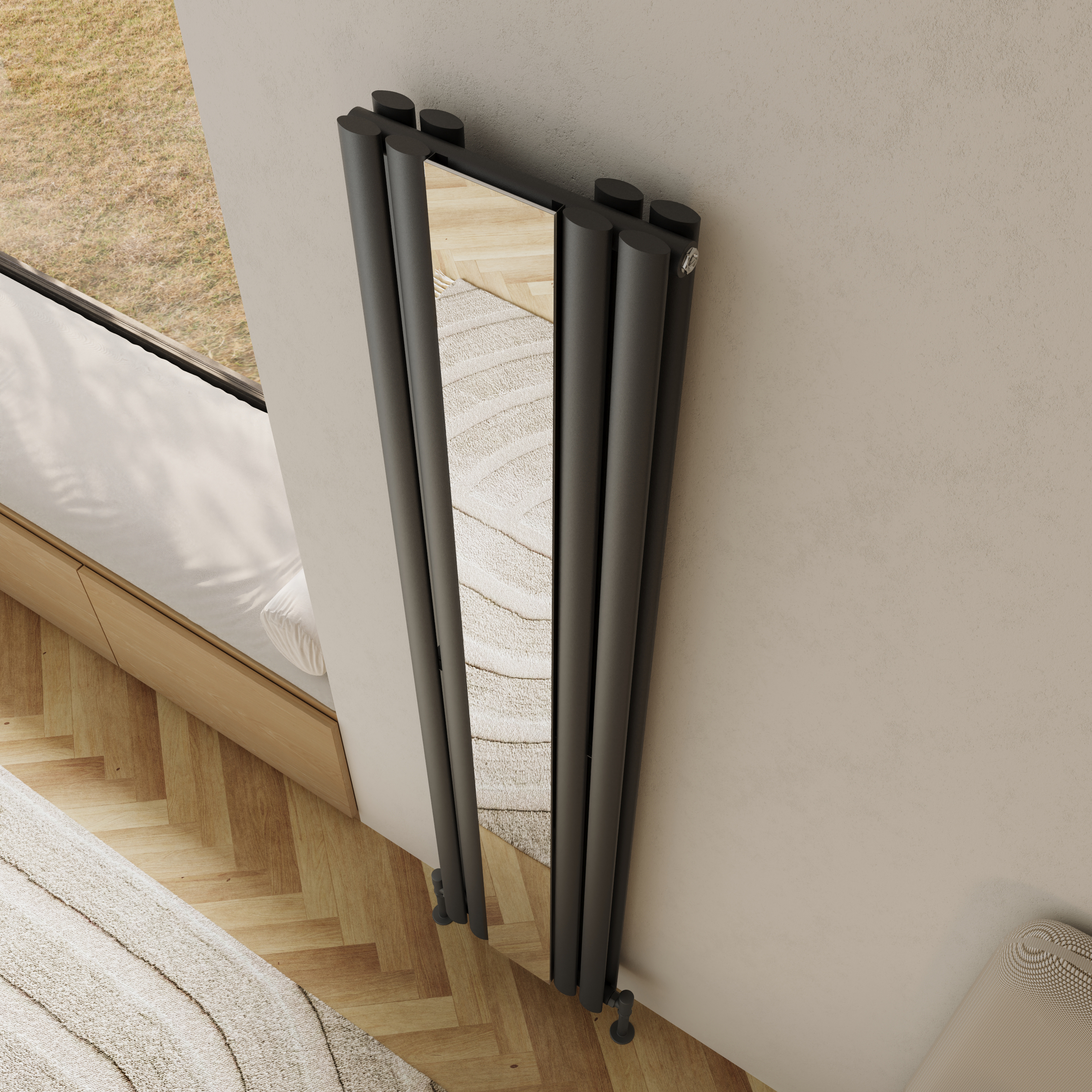 Toasty Echo Anthracite Grey Oval Double Panel Vertical Mirror Radiator - 1800 x 380mm
