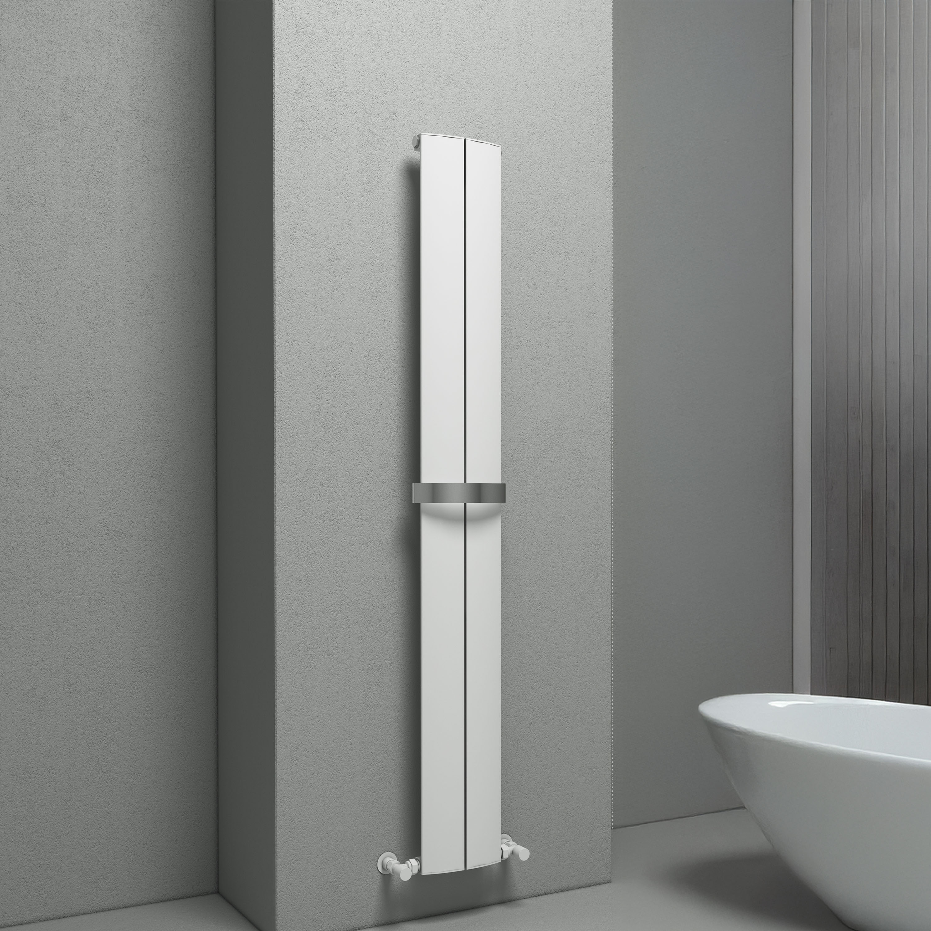 Carisa Play Bath Curved Panel Vertical Aluminium Heated Towel Rail