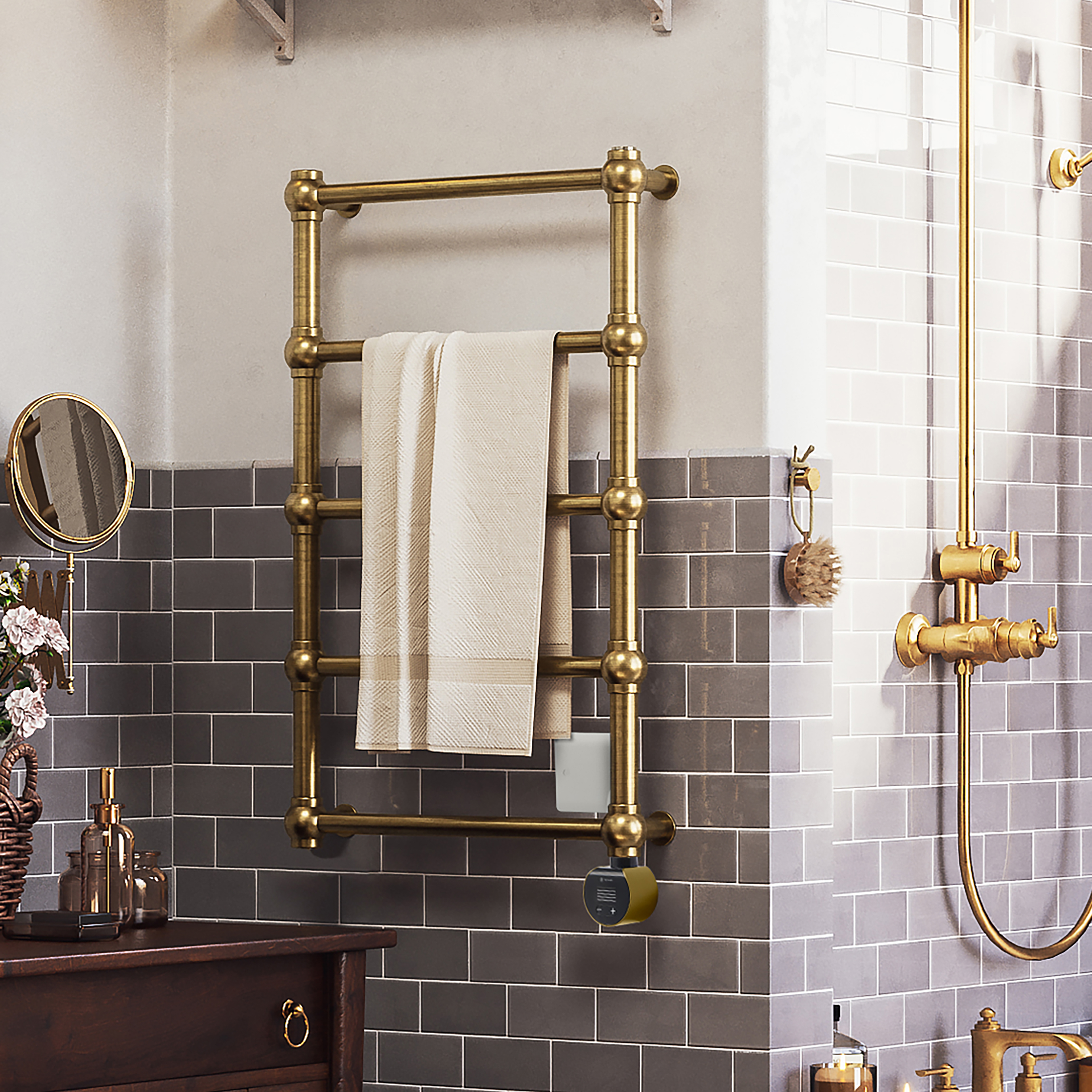 Terma Retro Brushed Brass Electric Heated Towel Rail with VEO Wi-Fi Controlled Heating Element