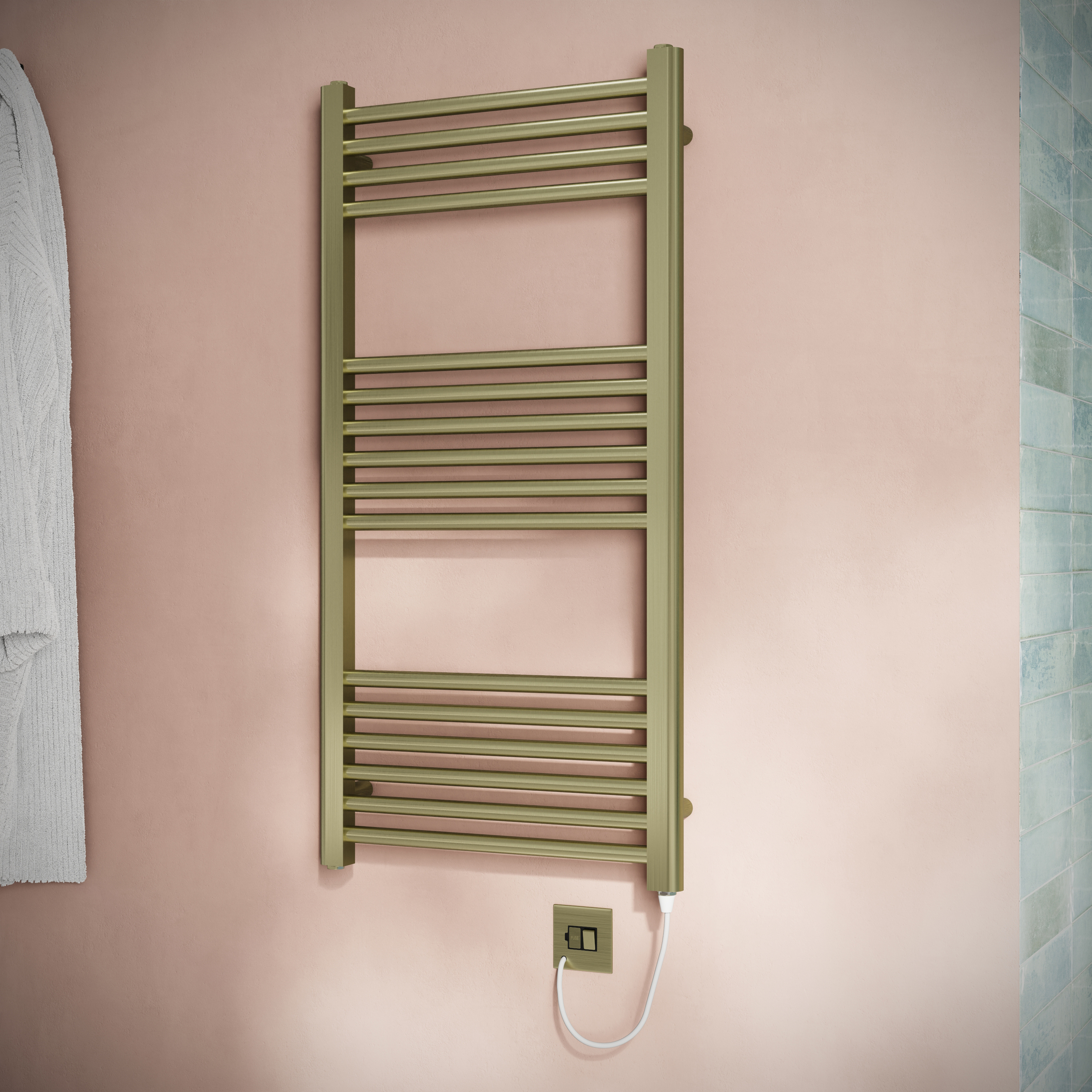 Toasty Glow Brushed Brass 22mm Electric Heated Ladder Towel Rail with Heating Element
