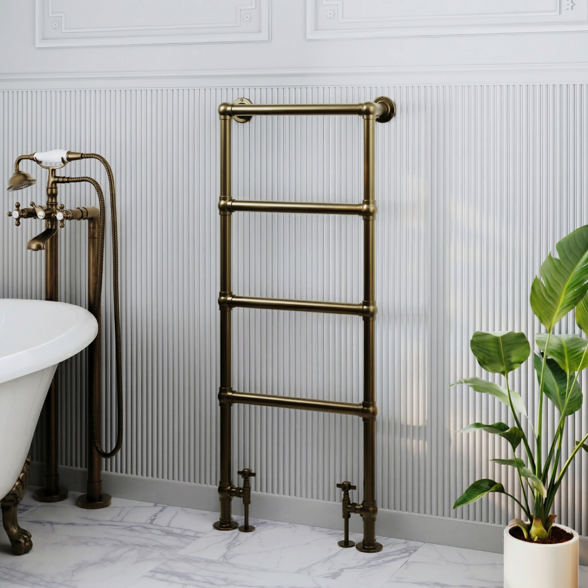 Toasty Merrin Antique Brass Floorstanding Traditional Heated Towel Rail - 1195 x 500mm