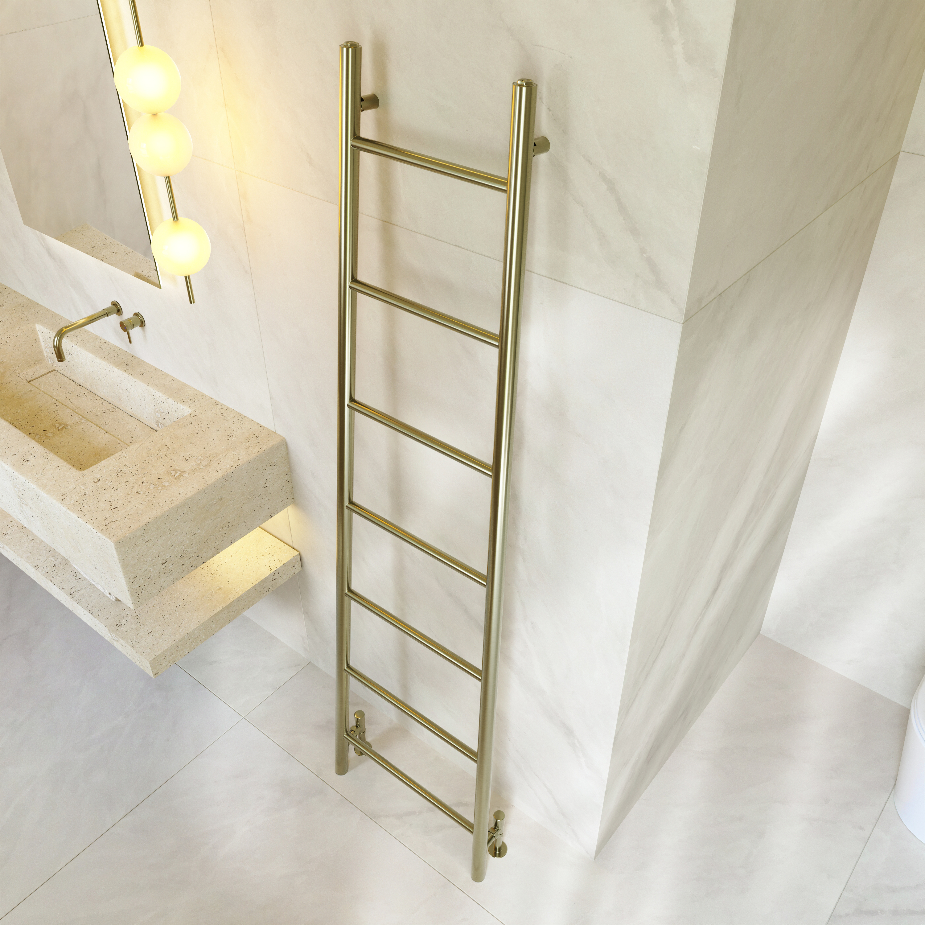 Toasty Oblique Brushed Brass Leaning Ladder Heated Towel Rail - 1800 x 500mm