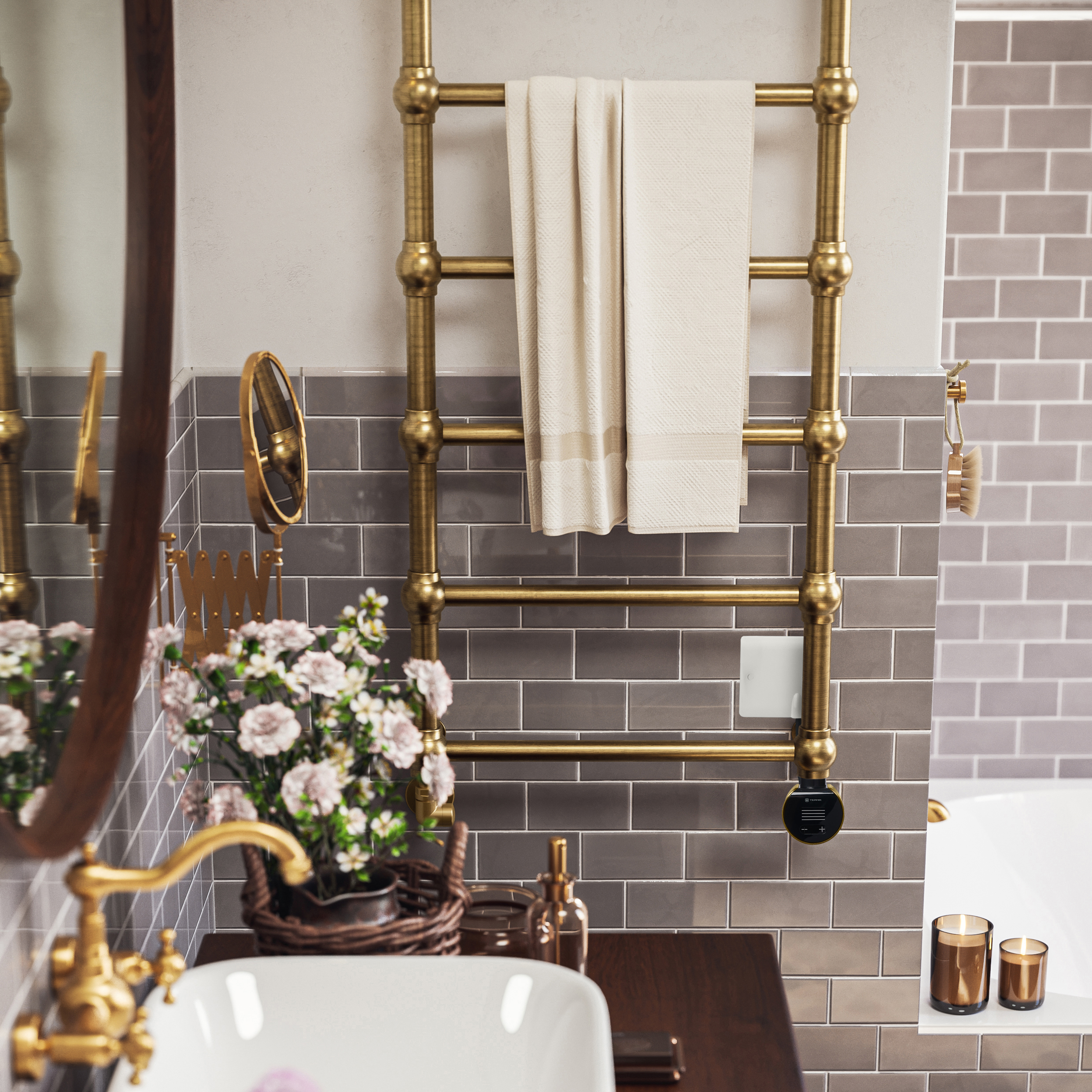 Terma Retro Brushed Brass Electric Heated Towel Rail with VEO Wi-Fi Controlled Heating Element