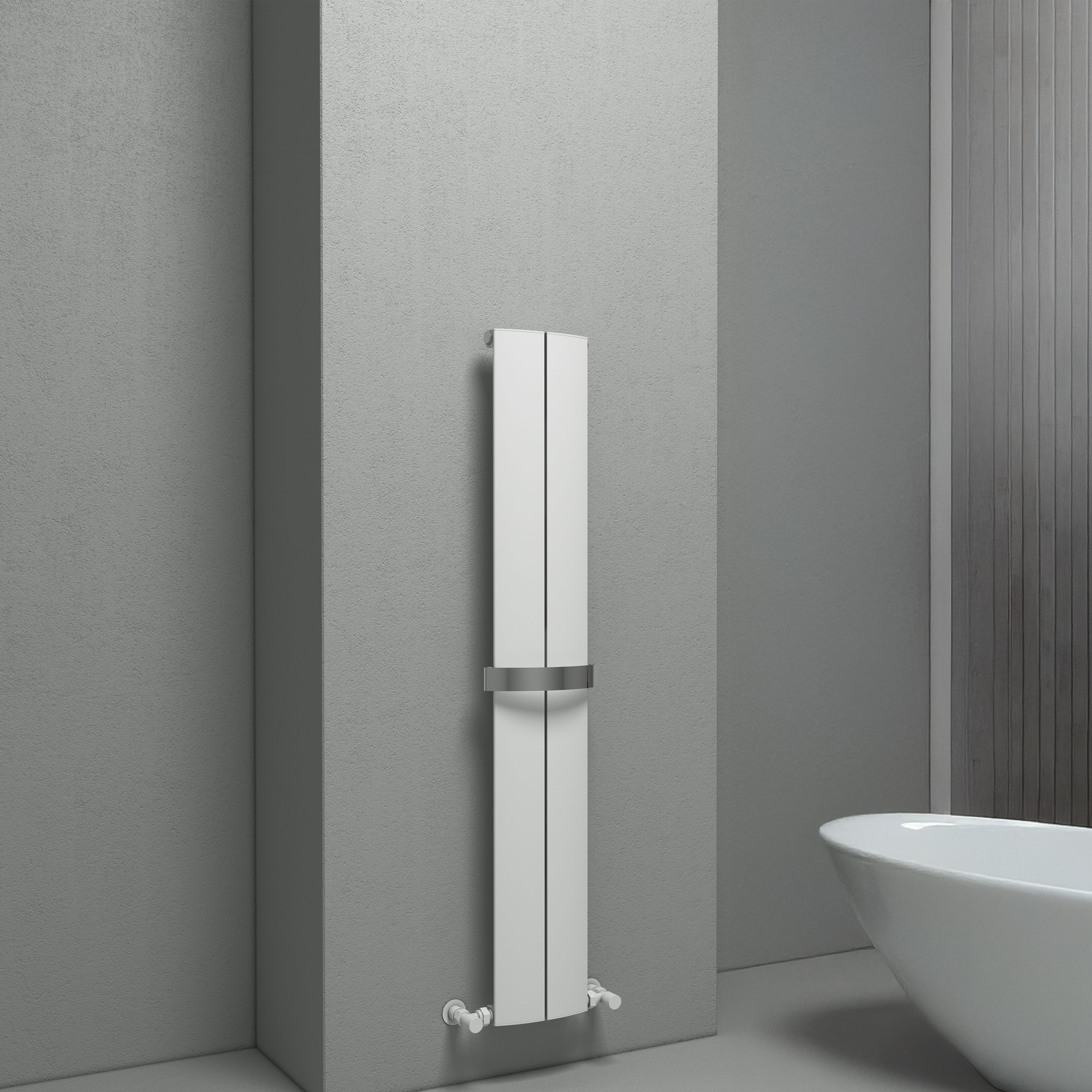 Carisa Play Bath Curved Panel Vertical Aluminium Heated Towel Rail